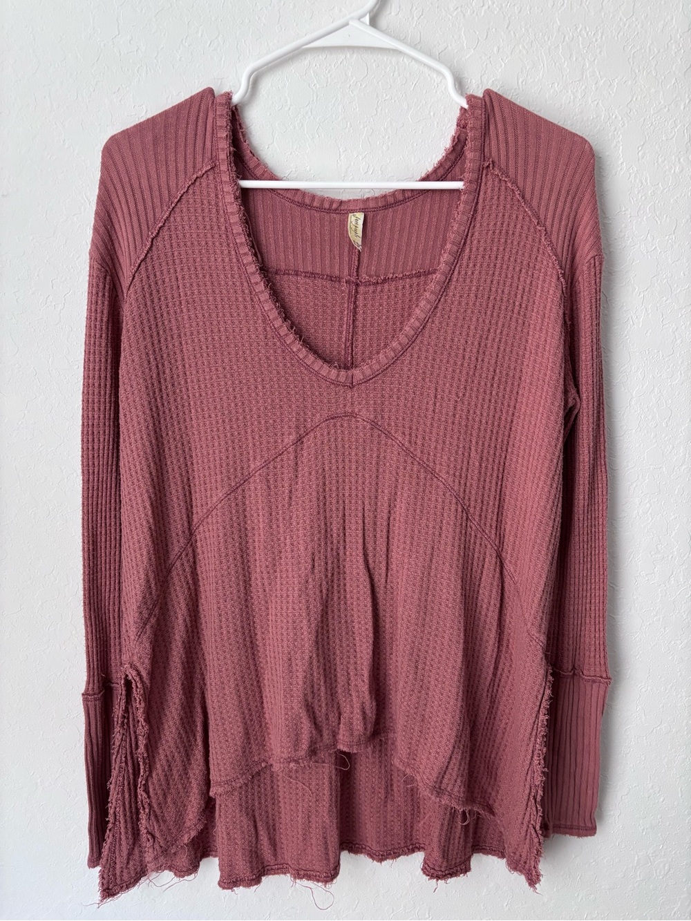 Free People Waffle V-Neck Long Sleeve Top - Dusty Rose